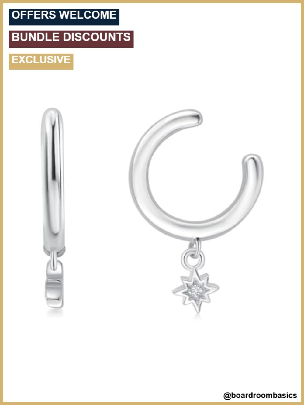 925 Sterling Silver Lab Grown Diamond Star Charm Huggie Ear Cuff Clip On